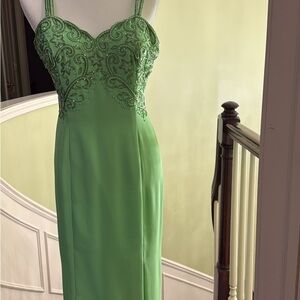 Embellished Light Green Maxi Dress with Double Spaghetti Straps